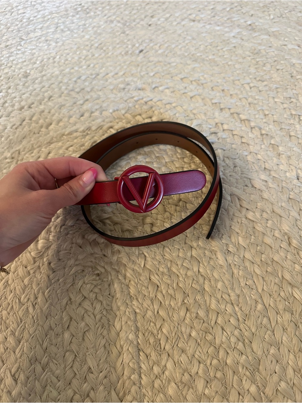 Valentino Red Leather Logo V-Buckle Belt